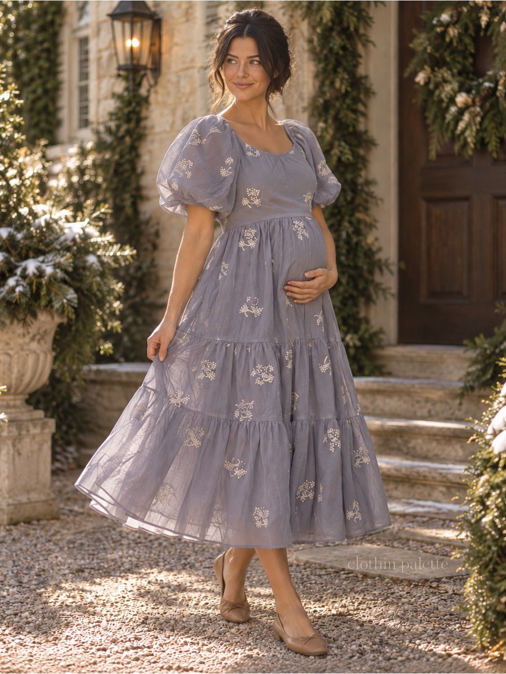 NWT Tea N Rose PinkBlush Light Blue Embroidered Tiered Midi Dress S